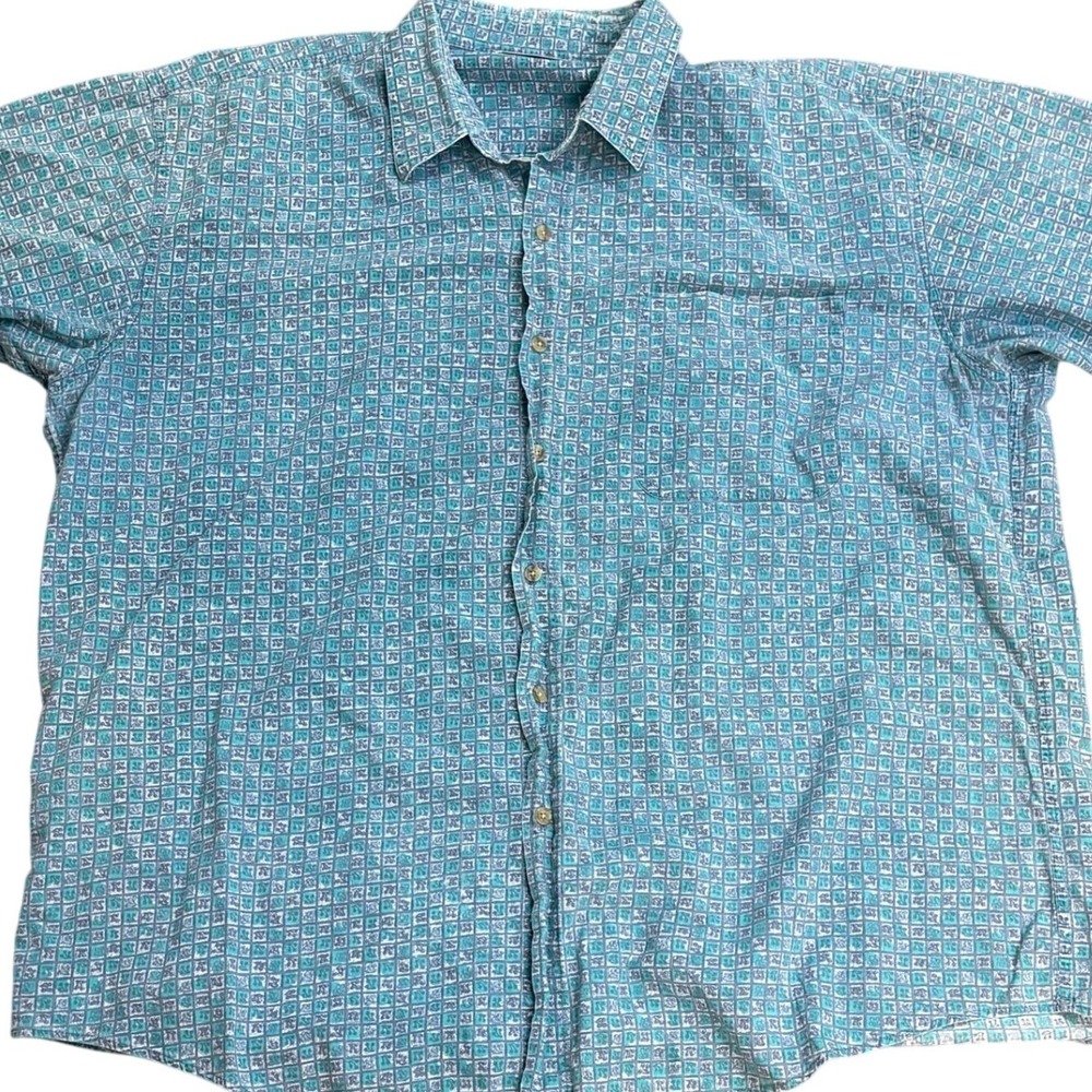 LL Bean Short Sleeve Button Front Shirt XL Teal Blue Geometric Tile Print Pocket